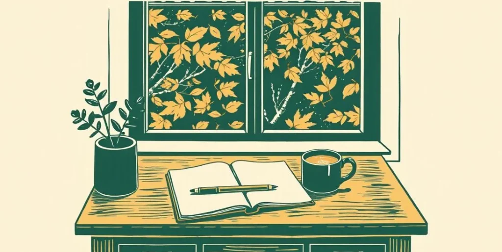Illustration of a writing desk by a window with a notebook and coffee