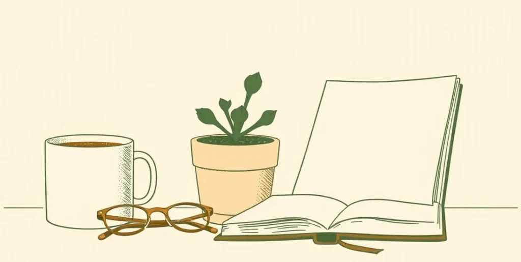 Illustration of a mug, succulent, glasses and notebook on a table