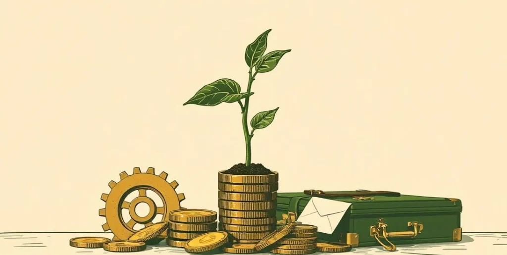 Illustration of a seedling sprouting from gold coins beside a gear and briefcase