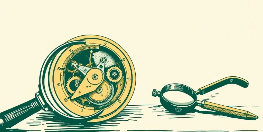 Illustration of a magnifying glass beside the open gears of a pocket watch and fine tools