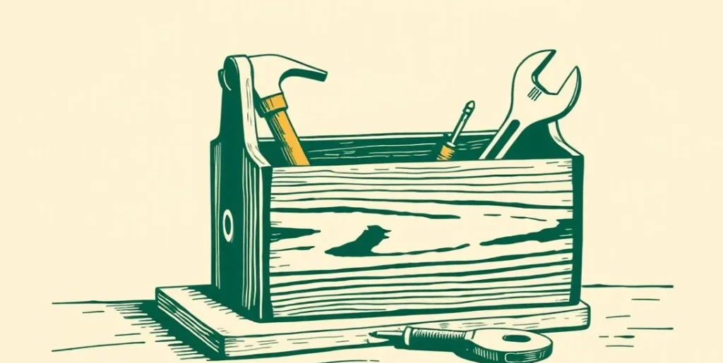 Illustration of a wooden toolbox with a hammer, screwdriver and wrench