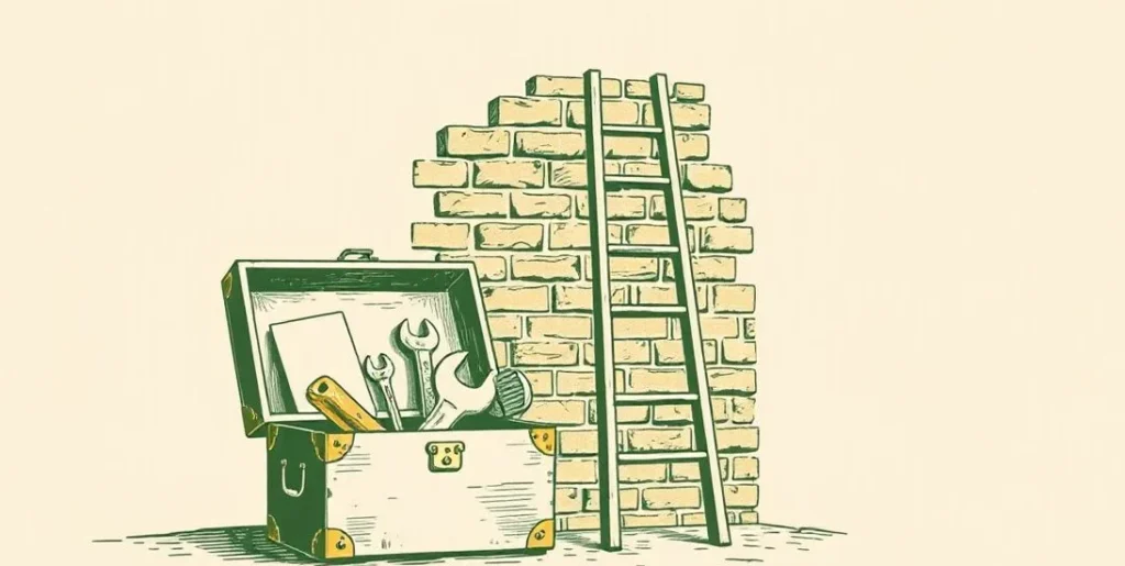 Illustration of an open toolbox beside a ladder and a half-built wall