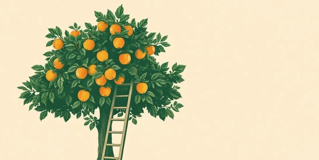 Illustration of a ladder leaning against a tall tree toward its highest fruit