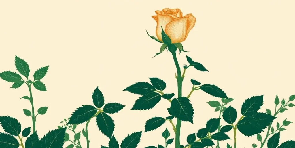 Illustration of a thorny rose stem topped with a single full bloom