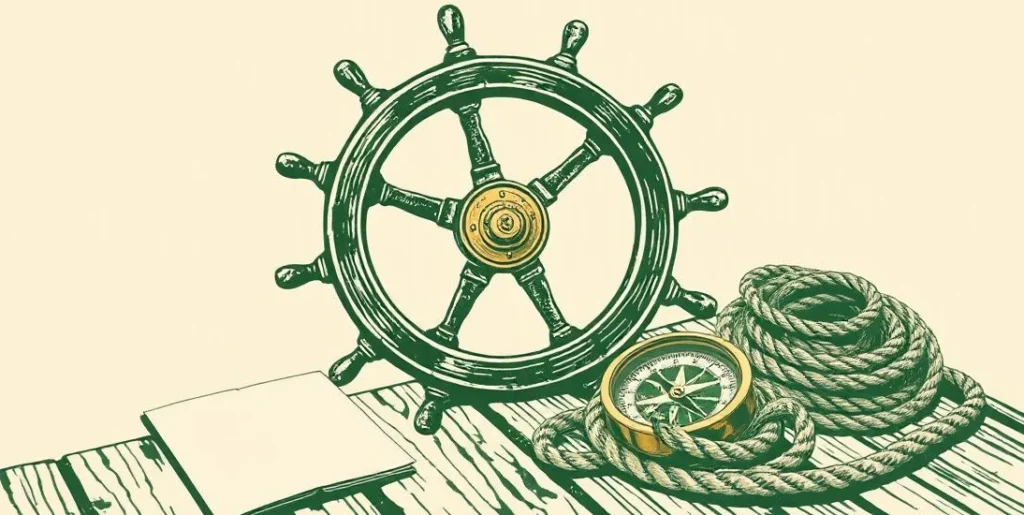 Illustration of a weathered ship's wheel, a compass and coiled rope on a dock