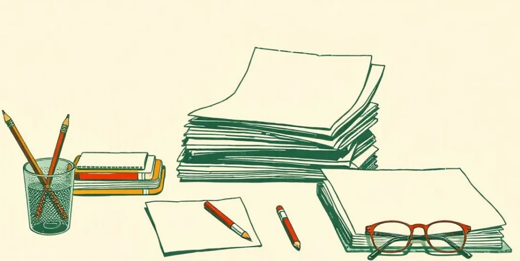 Illustration of blank papers, a red pencil and reading glasses on a tidy desk