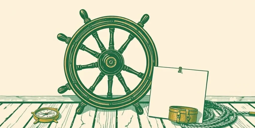Illustration of a ship's wheel on a wooden deck beside a compass