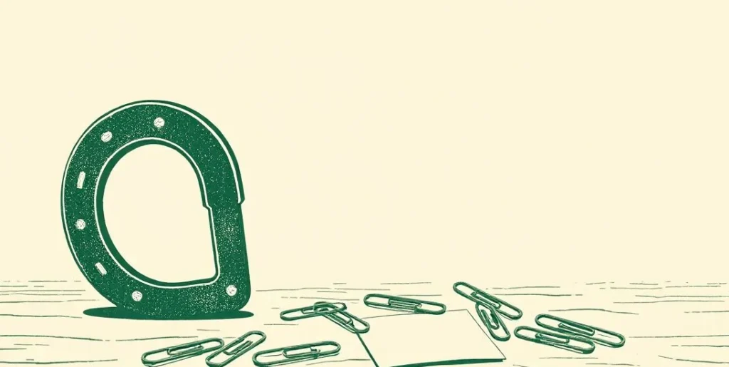 Illustration of a horseshoe magnet pulling paper clips across a wooden desk