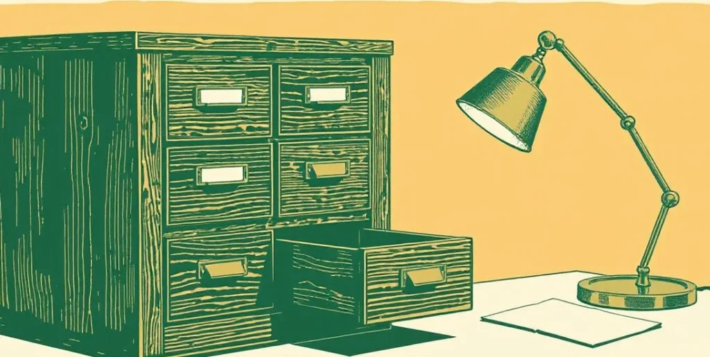 Illustration of a wooden card catalog with an open drawer beside a desk lamp