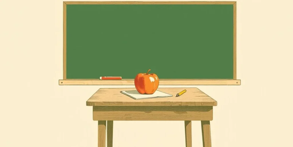 Illustration of a school desk with an apple and pencil case before a blank chalkboard