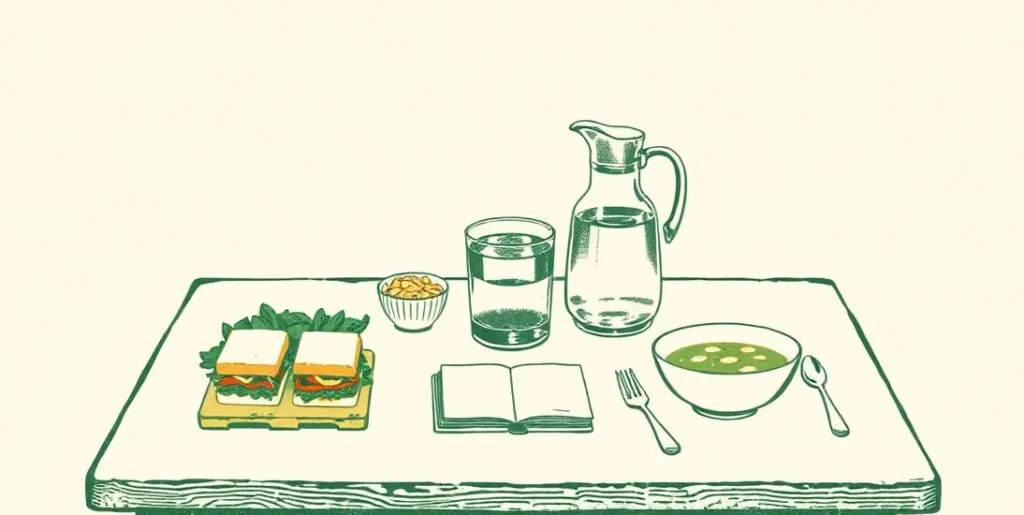 Illustration of a lunch table set for two with sandwiches, salad and soup