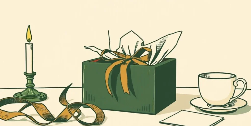Illustration of an opened gift box with loose ribbon and tissue paper