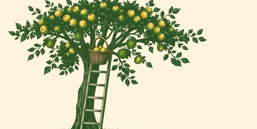 Illustration of a ladder leaning against an apple tree with a basket