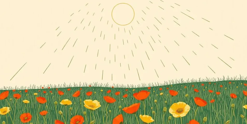 Illustration of rain falling through sunlight over a poppy field with a faint rainbow