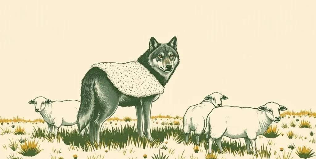 Illustration of a wolf wearing a sheep's fleece among grazing sheep