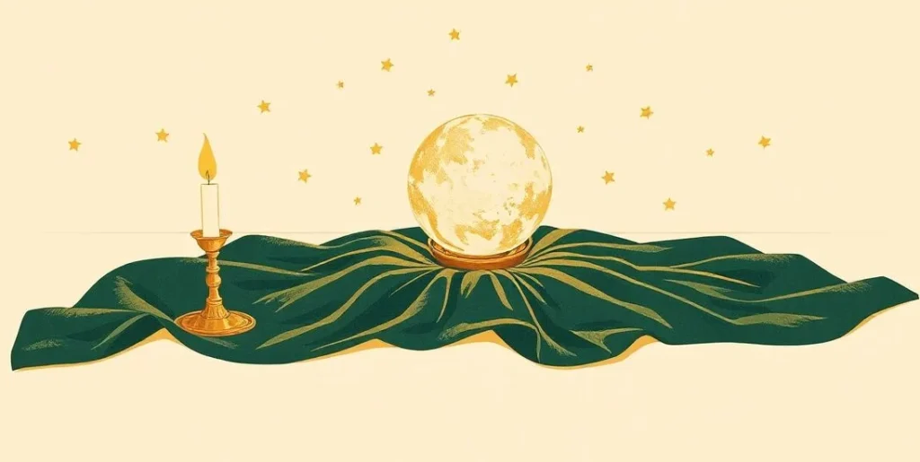 Illustration of a glowing crystal ball on a velvet table beside a candle