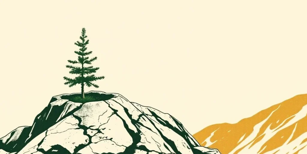 Illustration of a pine sapling growing from a crack in a granite boulder