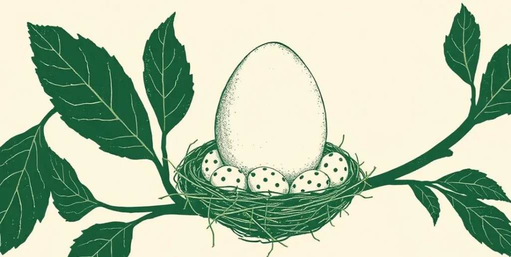 Illustration of a large cuckoo egg among smaller eggs in a songbird's nest
