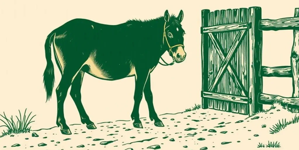 Illustration of a stubborn mule planted firmly on a dusty path by a gate