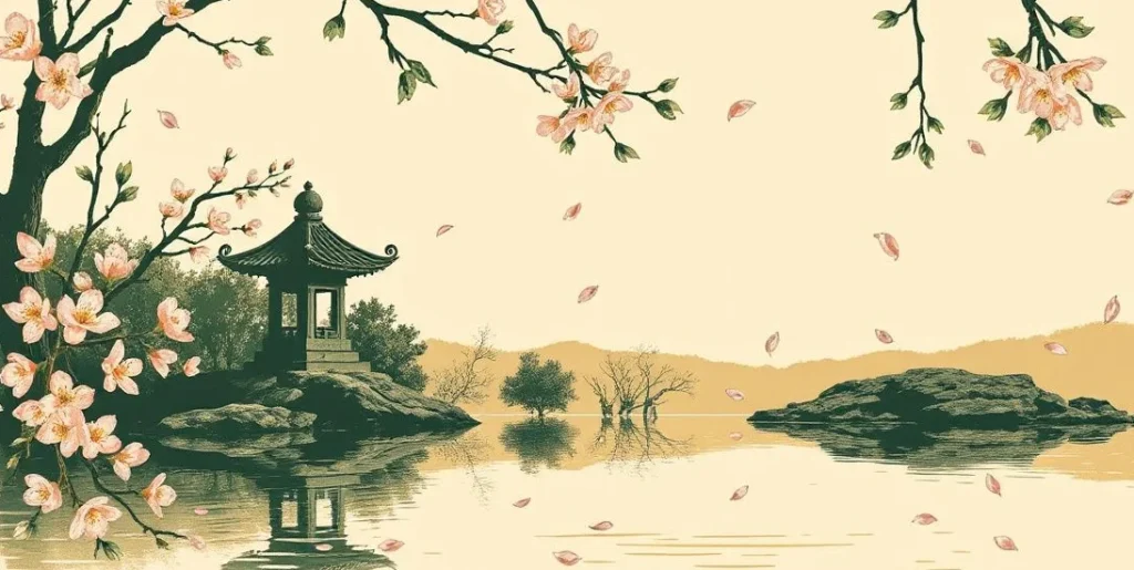 Illustration of cherry blossom petals falling onto a still pond at dusk