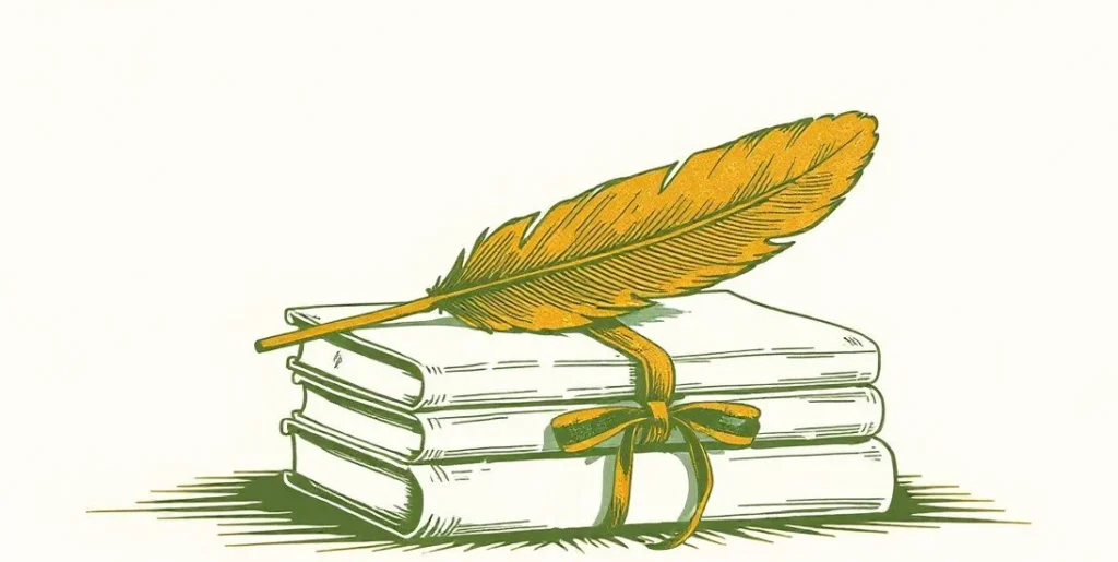 Illustration of a golden quill on a stack of ribbon-tied manuscripts