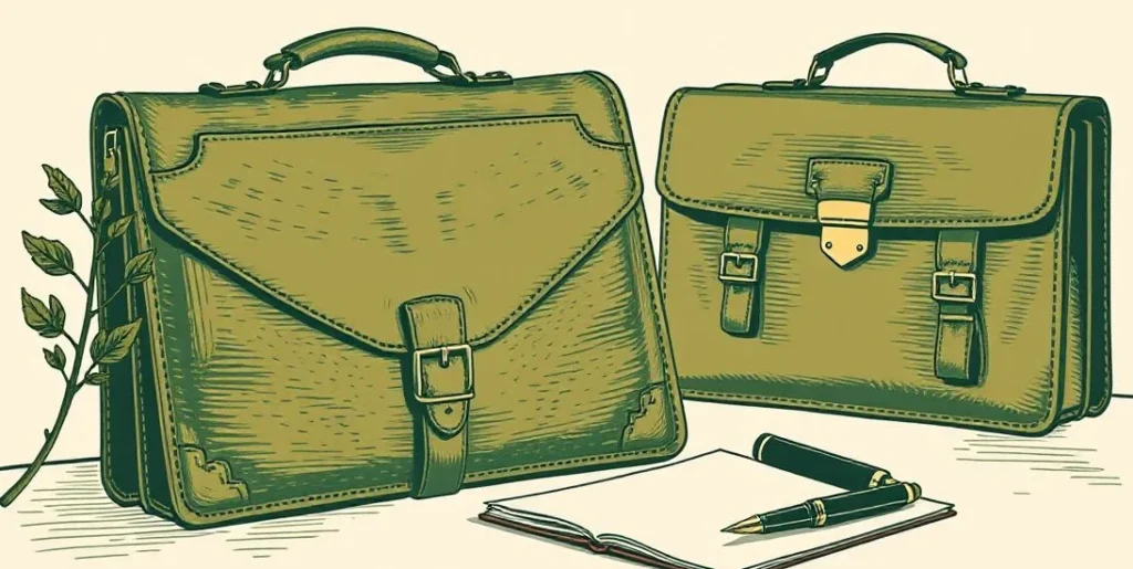 Illustration of a leather portfolio, fountain pen and briefcase on a desk